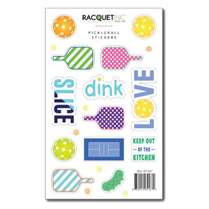 Pickleball Sticker Sheet featuring various pickleball designs and related words, including paddle and ball shapes, the words dink and slice, and more!