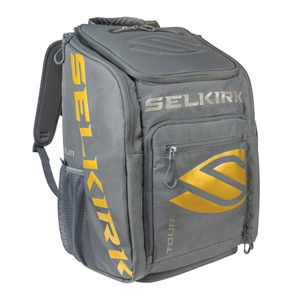 Regal Tour Performance Backpack by Selkirk featuring gold Selkirk brand design on a dark grey background and multiple zippered compartments