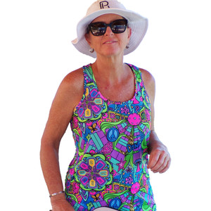 Groovy Racerback Tank by Pickleball Bella. Featuring a multicolored print and racerback straps. Available in women's sizes S-XL