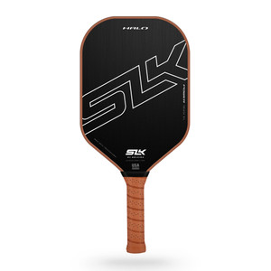 Gently Used SLK Halo XL Pickleball Paddle by Selkirk Sport featuring an elongated shape, black carbon face, and faux leather grip
