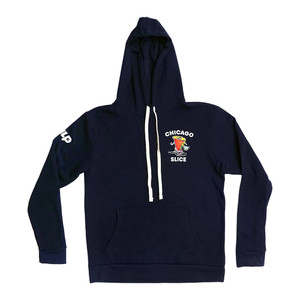 Navy blue MLP Chicago Slice Mascot Hoodie featuring white drawstrings and logos on the left chest and upper right arm