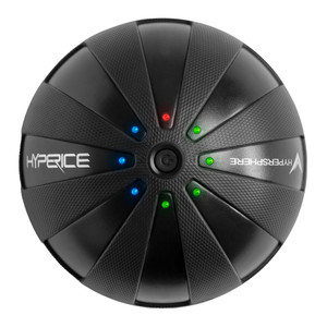 Hyperice Hypersphere high-intensity vibrating massage-therapy ball with single button control, three vibration speeds, and a textured rubber skin for improved grip.