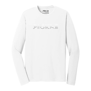 White long sleeve Silver Foil Pickle Unisex Performance Tee by jojo + lo Pickleball. Sizes XS-XL.