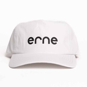 Front view of the erne Unstructured Brushed Poly 5 Panel Hat in the color White.
