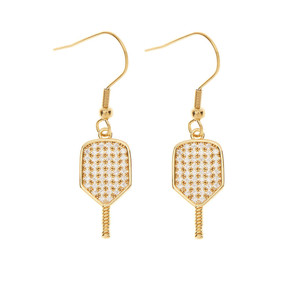 View of the Gold Born to Rally Pickleball Paddle CZ Dangle Earrings.