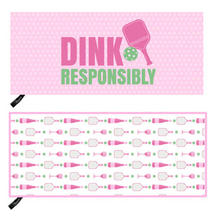 View of both sides of the Born to Rally Dink Responsibly Double-Sided Microfiber Towel in the color Pink.