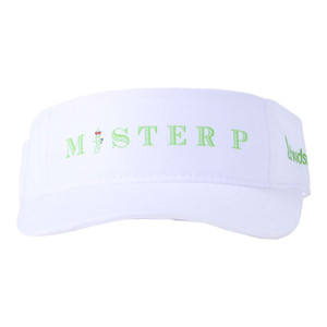 MISTER P d.hudson is a stylish visor featuring "MISTER P" across the front and the under-brim is patterned with the hip little gherkin. Available in Navy/Lime/  or White/Lime.  Adjustable velcro fit.