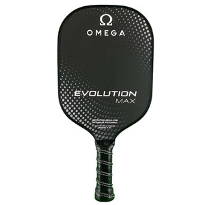 The Omega Evolution Max Paddle by Engage Pickleball has a  black paddle background with Omega logo and Evolution MAX name on the front, accented by a circular gradient pattern of sliver dots. Traditional shape with 5" handle.