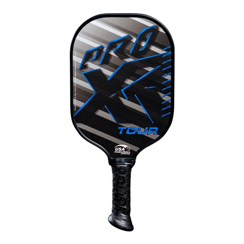 The ProXR Tour Graphite Pickleball Paddle features a black, gray, and blue color scheme, and innovative XR-23 handle design. Available in 3 weight options ranging from 8.2 ounces to 9.6 ounces.