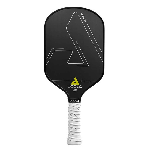 The JOOLA Vision CGS 14 Graphite Paddle features a black paddle surface with the JOOLA logo and white grip with sure-grip technology.