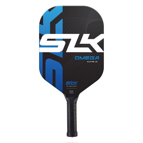 The Selkirk SLK Omega Max Paddle features a black paddle background with either yellow or blue SLK logo down the side with a large, white SLK logo across the center in the foreground.