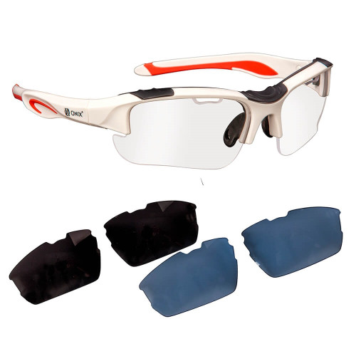 ONIX Falcon Eyewear with impact resistant frames, includes 3 colors of interchangeable lenses in clear, blue, and smoke tint, and a lens cloth/carrying bag.