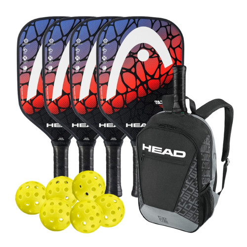 HEAD Radical Tour Classic 4-Paddle Bundle w/Backpack includes four graphite paddles in red/white/blue, 6 yellow outdoor pickleballs, and a gray and black backpack.