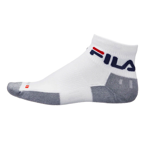 FILA Quarter Crew Athletic Socks are white and gray, with the signature blue and red FILA logo at the ankle.