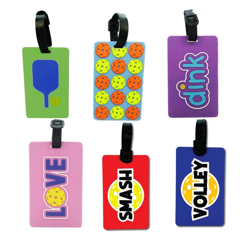 Pickleball luggage tag available in 6 designs including pickelballs, paddle, LOVE, dink, Smash, or Volley