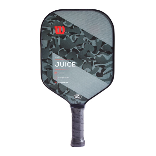 Wilson Juice Paddle, widebody, middleweight with a thin grip. Available in White and Camo Grey.