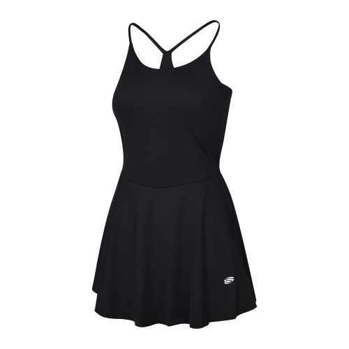 AvaLee Single-Strap Court Dress by Selkirk shown in color black. Featuring racerback style straps, fitted torso, and flowy skirt with Selkirk logo. Available in sizes S-XL