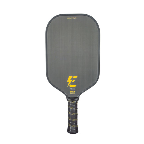 Electrum Model E 13mm Pickleball Paddle with black paddle background and Electrum logo in gold. Front view.