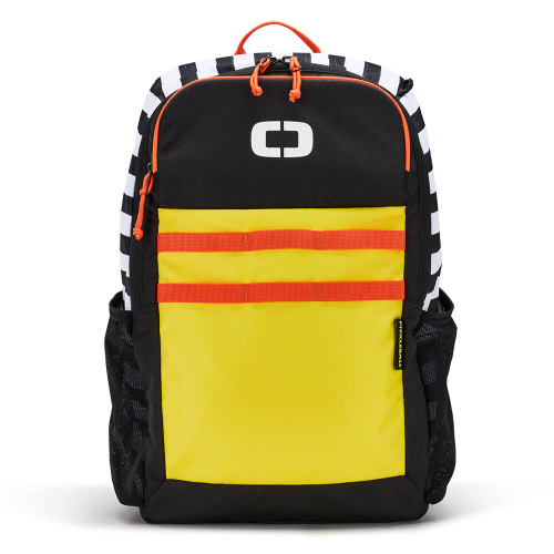 Front view of the Neon Stripe OGIO Pickleball Backpack featuring  a neon yellow, black, and white striped design.