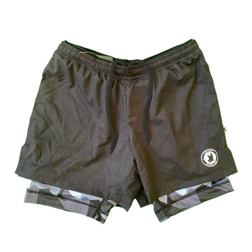 Front view of the Flow Society Men's Eagle Camo Compression Shorts shown in the Black color option.