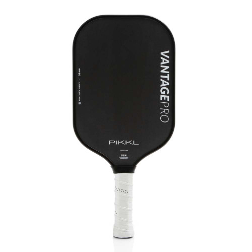 Front view of the PIKKL Vantage Pro 14mm Carbon Fiber Pickleball Paddle shown in Black.