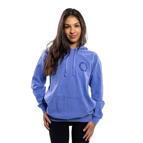 Front view of the Unisex PPA Tour Hooded Sweatshirt in Flo Blue.