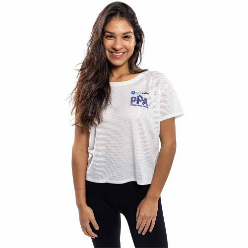 Front view of the Women's PPA Cropped T-Shirt in the color White.