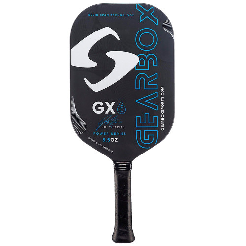 The Gearbox GX6 Power Pickleball Paddle is available in black and neon yellow with a 7.8 ounce weight, or the Joey Farias signature model in black and blue with an 8.5 ounce weight, and in two grip circumference options.