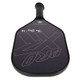 ProXR "The Story" 14 Pickleball Paddle has a forehand fiberglass face and backhand carbon fiber face. Black background with large ProXR logos on each side, white outline and details on the fiberglass side, with yellow outline on the backhand side.