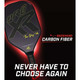 ProXR "The Story" 14 Pickleball Paddle has a forehand fiberglass face and backhand carbon fiber face. Black background with large ProXR logos on each side, white outline and details on the fiberglass side, with yellow outline on the backhand side.