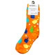 Dress socks with a fun pickleball design, available in dark blue, light blue, orange or yellow featuring whimsical multi-colored pickleball paddles and balls.