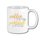 The Coffee Now Pickleball Later Ceramic Mug holds 11 ounces, and is finished in glossy white with orange and black text.