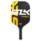 The Selkirk SLK Omega Max Paddle features a black paddle background with either yellow or blue SLK logo down the side with a large, white SLK logo across the center in the foreground.