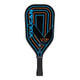 The V730 MAX Pickleball Paddle by Vulcan is a technologically-advanced paddle in an elongated shape, offered in a blue, orange, and black color combination.