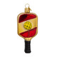 Old World Christmas Pickleball Paddle Ornament featuring glittery gold and red design with a small pickleball in the center and black handle.Front view.
