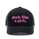 Front view of the black Dink Like a Girl Cap by jojo + lo with pink text logo graphic.