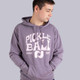 Front view of the Pickleball Central Heritage Pickle-ball Groovy Front Logo Unisex Hoodie on a male model in the color Plum.