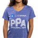 Front close-up view of the PPA FILA Women's Pickleball V-Neck T-Shirt in the color Blue Heather.