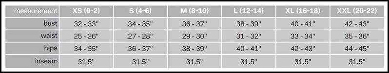 FILA women's apparel size chart