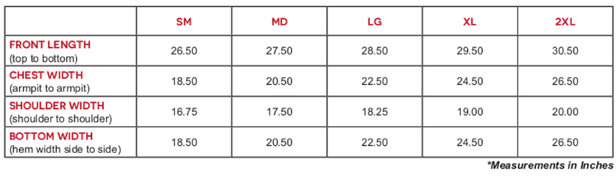 Selkirk men's shirt size chart