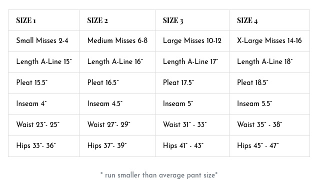 Pickleball Bella women's skort size chart