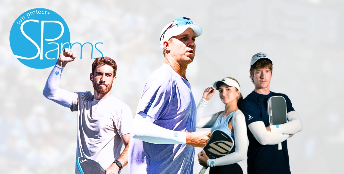 Professional pickleball players wearing SParms sun protection gear