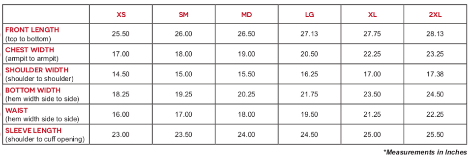 Selkirk women's long-sleeve size chart.