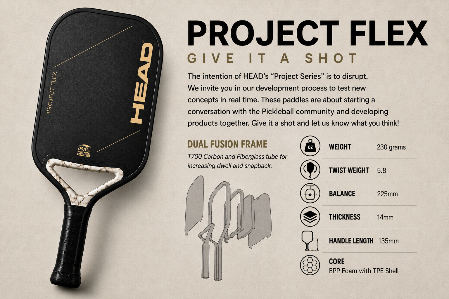 HEAD Project Flex 2026 pickleball paddle Project Series infographic showing DualFusion carbon and fiberglass frame, EPP foam core, TPE shell, and flex technology