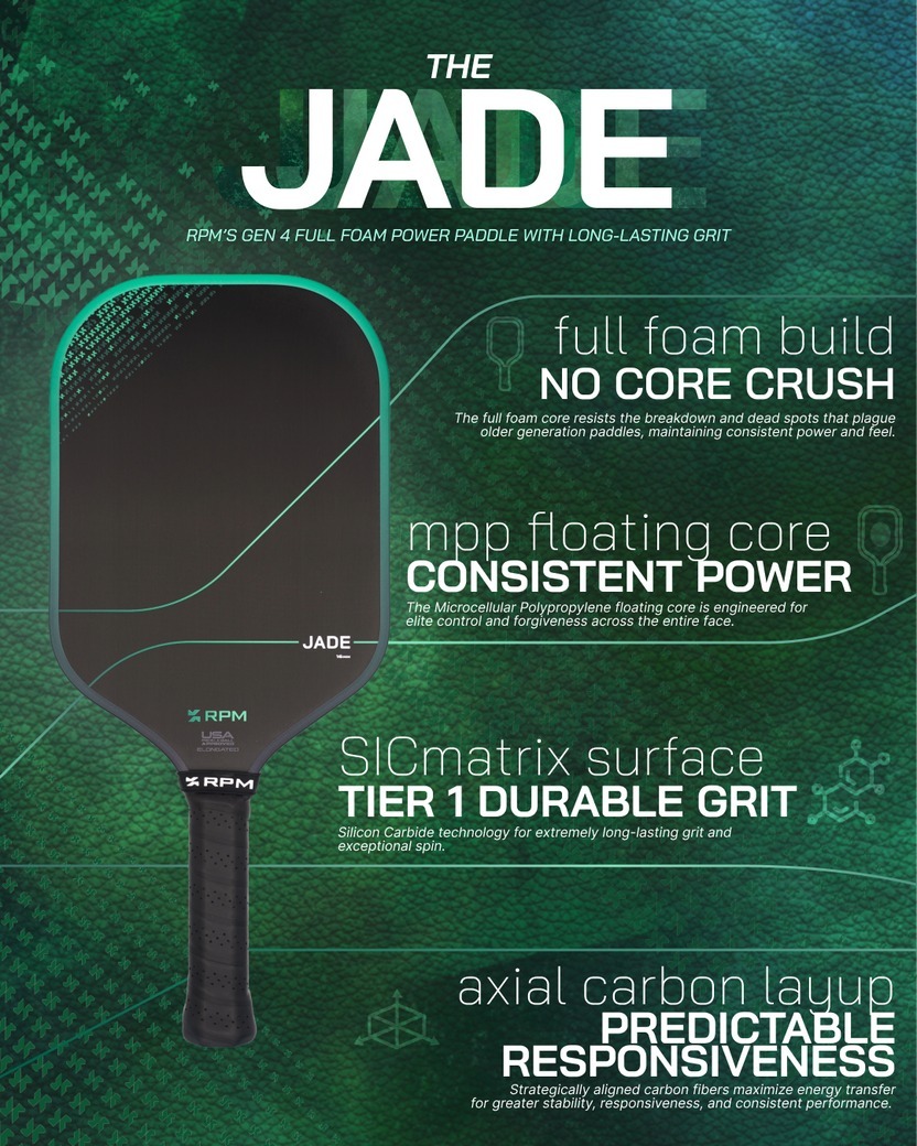 RPM Jade Elongated pickleball paddle SICmatrix surface and MPP Floating Core technology Explained Infographic