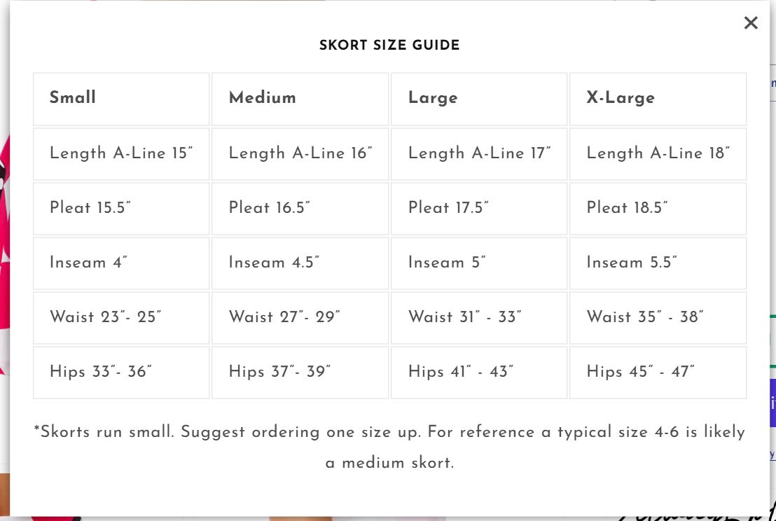 Pickleball Bella skirts and skorts size chart with Small, Medium, Large and X-Large waist, hip, inseam and length measurements