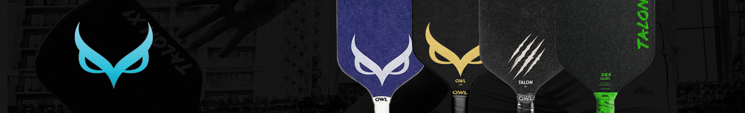 Top of Page Owl Pickleball Paddles featuring a lineup of OWL's high performance USAP quiet-approved paddles