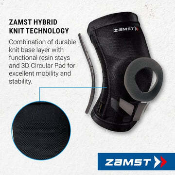 Zamst Hybrid Knit Technology showing the Functional Resin Stays, 3D Circular Pad, and supportive knit construction.
