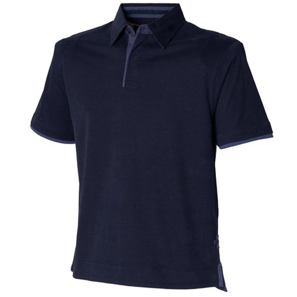 Front Row soft touch polo shirt in navy, short sleeve design with button placket and collar for smart casual countryside wear Front Row soft touch polo shirt in navy, short sleeve design with button placket and collar for smart casual countryside wear