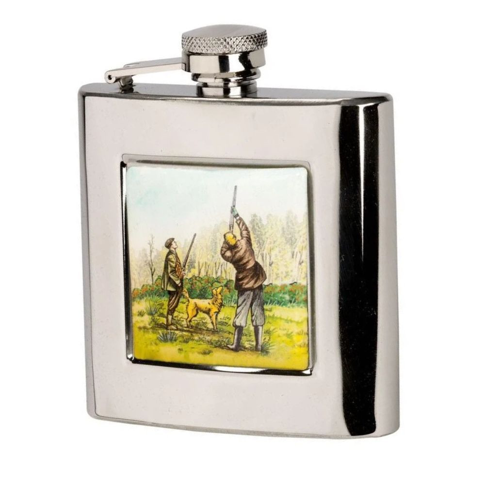 6oz stainless steel hip flask with standing shooter design a classic countryside gift for game shooting enthusiasts
